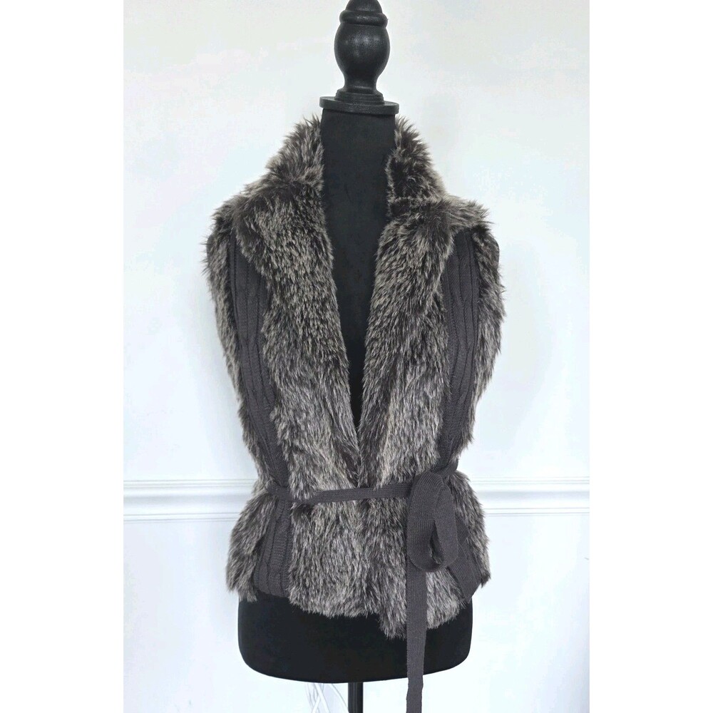 XOXO Brown Faux Fur Cable Knit Belted Vest Y2K Sleeveless Sweater S
